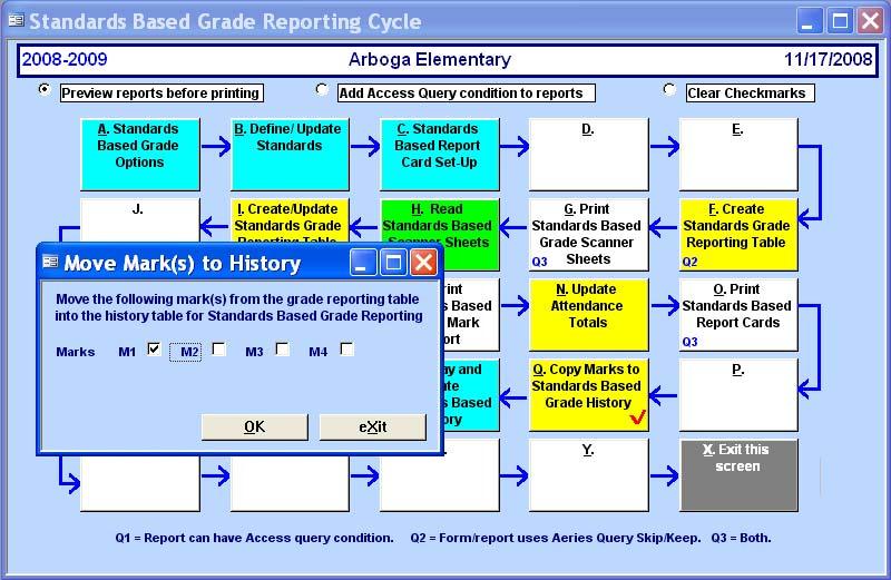 COPY MARKS TO STANDARDS BASED GRADE HISTORY When a grading cycle has been completed, there is a process called Copy Marks to Standards Based Grade History.
