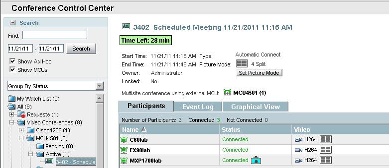 Scheduling using TMS MCU/TS Failover with TMS Automatic Connect TMS instructs the MCU/TS to call users at the selected time 11/21/11 11:16:26 AM CallConnected MCU4501 Call Connected: 5000 11/21/11