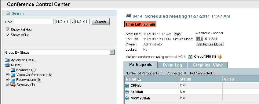 Scheduling using TMS MCU/TS Failover with TMS Automatic Connect The MCU/TS is unavailable 11/21/11 11:19:31 AM CallInfo Cisco4205 Meeting allocated on port: 1 11/21/11 11:19:30 AM ConferenceInfo Main