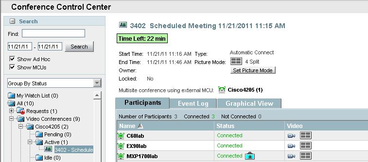 Scheduling using TMS MCU/TS Failover with TMS Automatic Connect Another MCU/TS is selected and participants are auto-dialed 11/21/11 11:19:36 AM CallConnected Cisco4205 Call Connected: 5000 11/21/11