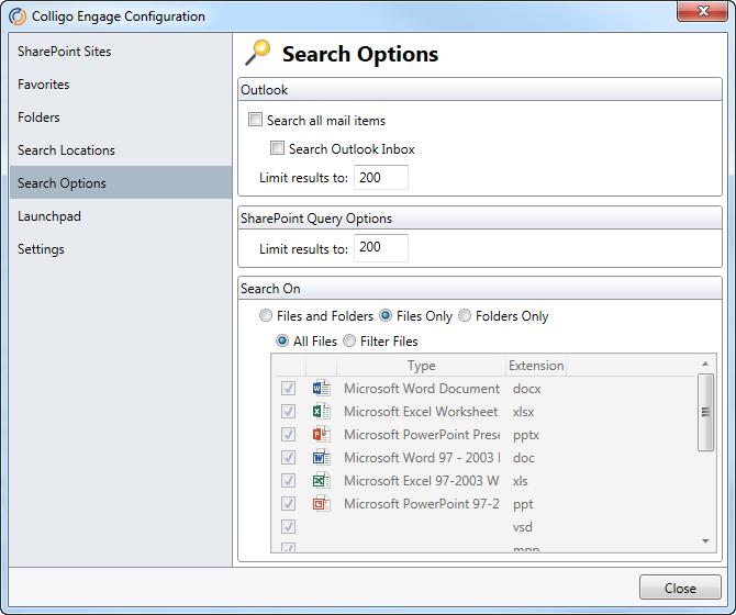 Managing Search Options The Search Options area of Colligo Engage Outlook App lets you define your search parameters. To define the search options: 1.