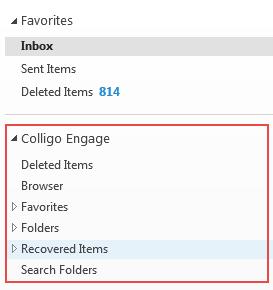 After Colligo Engage Outlook App is installed, a new group called Colligo Engage displays in the lefthand pane in Microsoft Outlook: You can now add SharePoint sites and designate folder