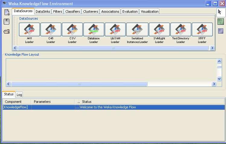 3 KnowledgeFlow Click KnowledgeFlow on Weka GUI Chooser A new window opened for buidling KDD process.
