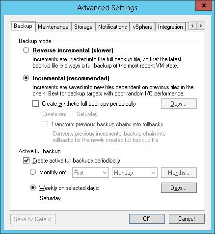 The Advanced window that appears includes multiple tabs, of which Backup is the first tab. Figure 17) Backup options.