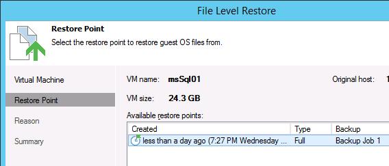 3. Select the restore point for the VM that you wish to restore files from, and click Next three times to begin the operation.