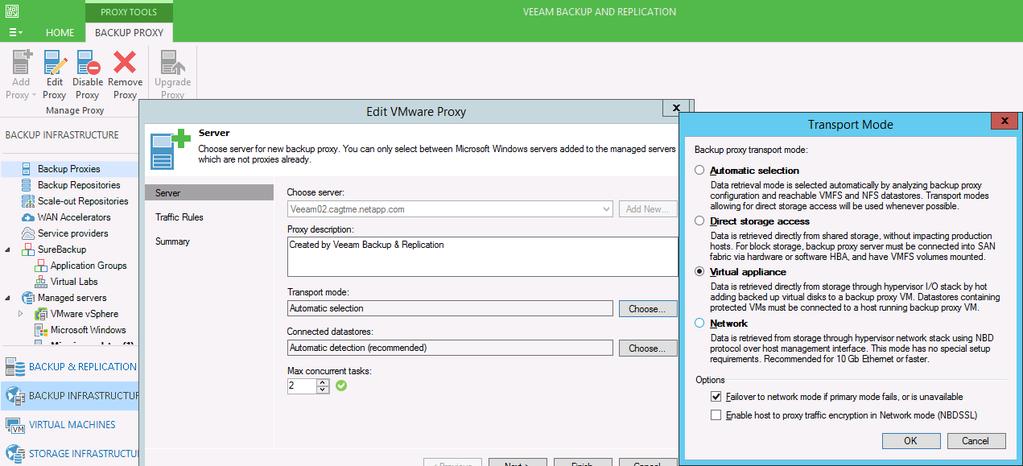 Check Veeam job logs to verify that Veeam is using the virtual appliance transport mode for the VMware proxy server rather than falling back to network mode, which is slower.