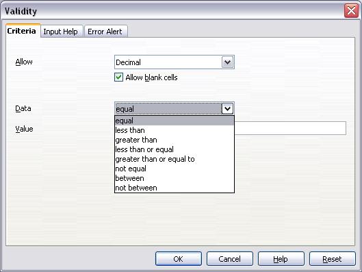 Figure 7: Typical validity test choices. The validity test options vary with the type of data selected from the Allow list.