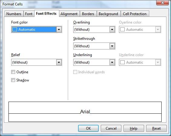 Figure 18: Format Cells > Font Effects Setting cell alignment and orientation Some of the cell alignment and orientation icons are not shown by default on the Formatting toolbar.