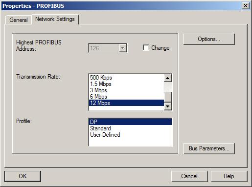 10 In the "Network settings" tab, set the transmission rate of the PROFIBUS network. Enter a rate of 12 Mbps.