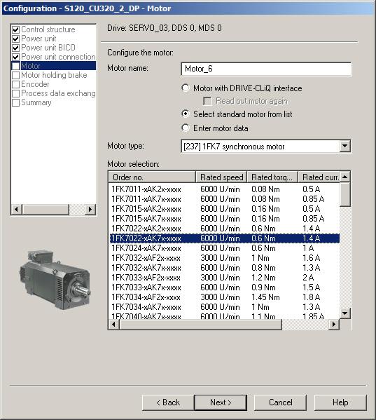 4.3 Configuring a SINAMICS drive in S7T Config Step Activity 8 Select the correct motor from the list. To activate the selection option, you must select the "Select standard motor from list" box.