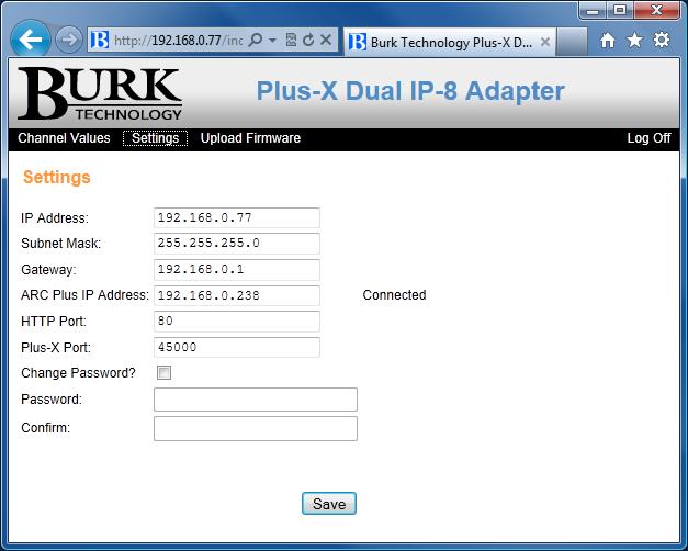 Burk Technology recommends changing the Plus-X Dual IP-8 Adapter password. The password is used to log on to the onboard web interface.