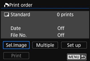 Printing Images Printing by Specifying the Options Print by specifying the printing options. Press <0>. 1 2 Select [Print order]. The [Print order] screen will appear. 3 4 5 Set the printing options.