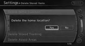 4. Highlight [Delete Stored Items] and push 5. Highlight the preferred item for deletion and push Items that can be deleted. [Delete Home Location]: Deletes the home location.
