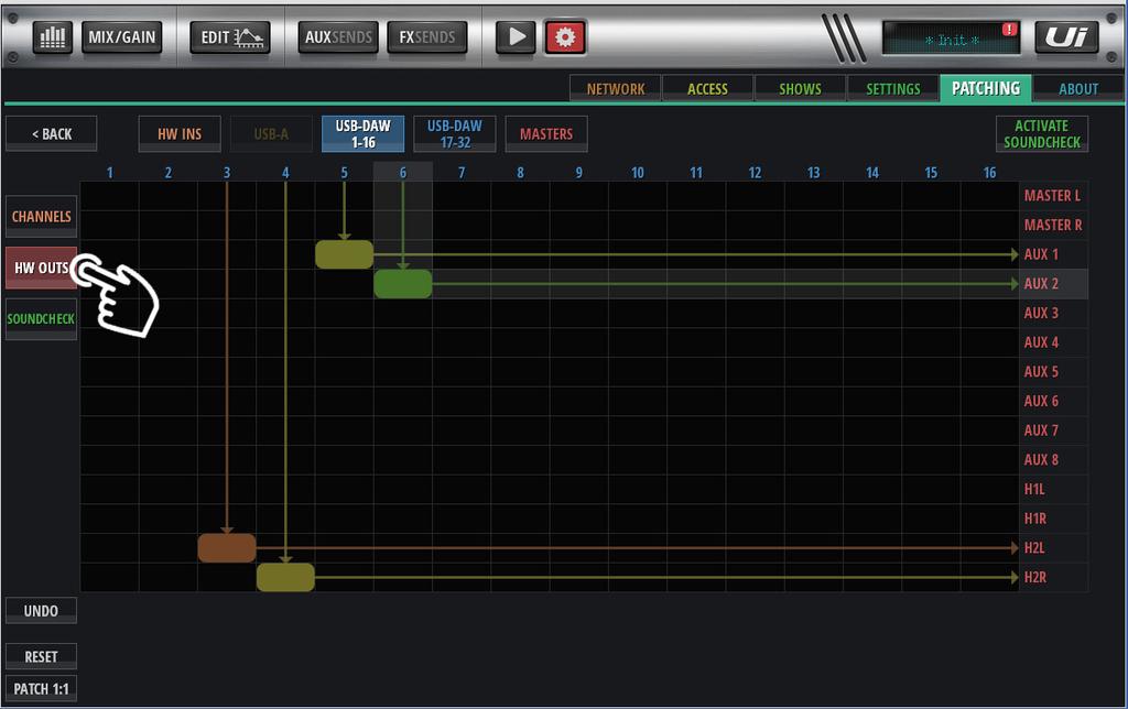 outputs (USB DAW can be routed directly to an AUX or MASTER output without going through the Ui24R s mixer DSP)