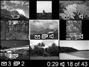Viewing Thumbnails Thumbnail view allows you to view the still images you have taken and the first frames of the video clips you have recorded, arranged in a matrix of nine thumbnail images and video