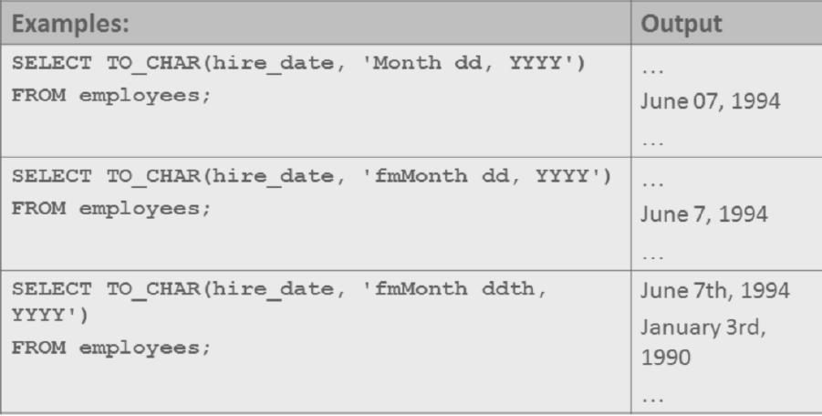 Date Conversion to Character Data Često je potrebno konvertovati datum iz difolt formata DD-Mon-YYYY u drugi specificirani format Funkcija koja to omogućava: TO_CHAR (date