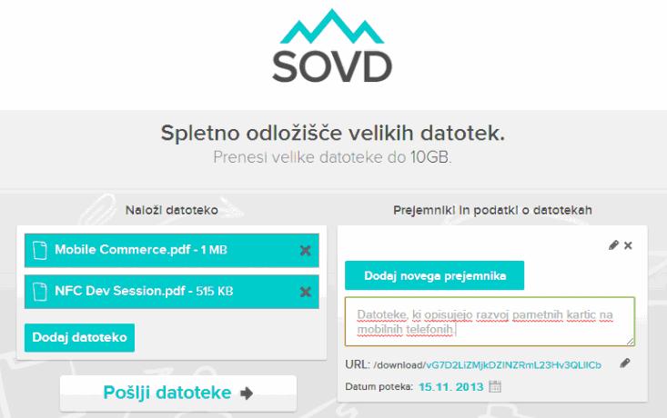 Slika 3: Prenos datoteke v sistem SOVD in dodajanje prejemnikov Število prejemnikov ni omejeno, za izvedbo prenosa pa mora obstajati vsaj en prejemnik.