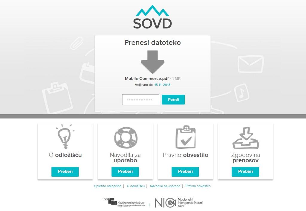 Slika 4: Stran za vnos gesla in prenos datoteke iz sistema SOVD Poleg prenosa datoteke z uporabo uporabniškega vmesnika, sistem SOVD omogoča tudi prenos datotek na nivoju spletnih storitev oz.