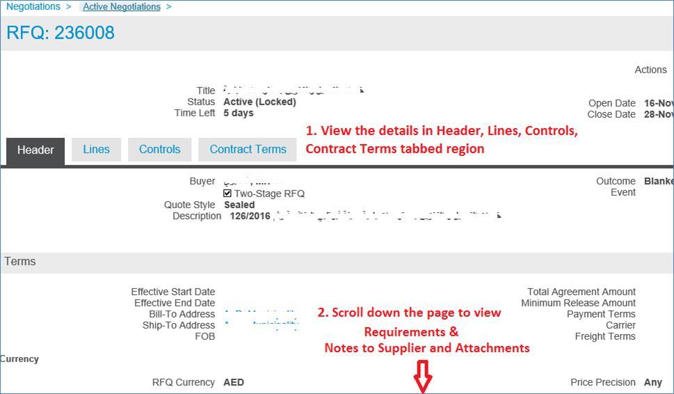 View the details in Header, Lines, Controls, Contract Terms tabbed region Scroll down and view Notes to