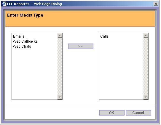 Use the to select from the list of available variables. In the example below the by 'Media Type was selected and the type 'calls' selected. To return to the parameters form click OK.