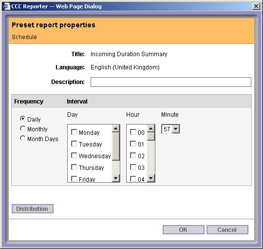 If all the parameters are completed a Preset report properties Schedule menu will be displayed. Enter a description and select the frequency at which the report will run.