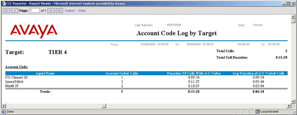 Account Code Log by Target Account codes are useful to identify and categorize call types received by the Agent.