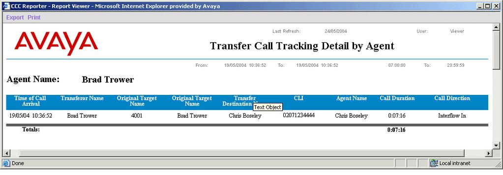 Transfer Call Tracking Detail by Agent A report which provides a list of all transfers made or received by the specified agent.