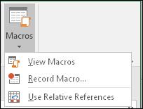 Name Description View Macros List the Macros available in Excel Record Macro Start recording a macro by typing a name for your macro and a location to store