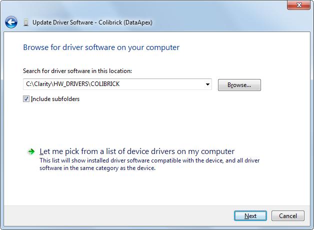 Fig 22: Browse for driver dialog Browse for the Colibrick driver location.
