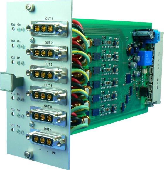 The connection module permits an electronically controlled distribution via six DC outputs. Each output is electronically overcurrent-protected. The tripping current is adjusted via the software.