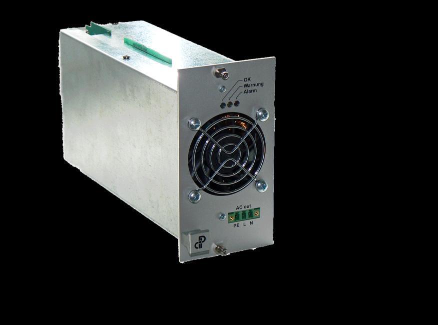 Inverter module for the REC3200 System for a secure and uninterrupted supply of AC units. The MINV500 plug-in module provides a 230V AC, 50Hz sine-wave output signal supplied by the DC bus system.