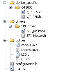 4.2 Files The folder structure for the demonstration program is shown below. The source code consists of the following files: File name main.c configuration.h QT1085.c QT1085.h SPI_Master.