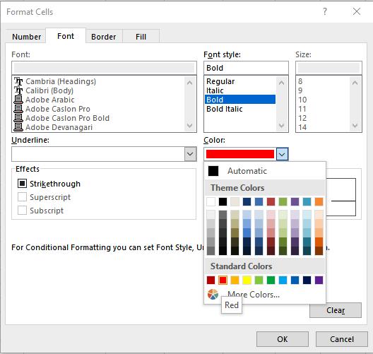 8) In the Format Cells dialog box, in the Font Style area, select Bold.