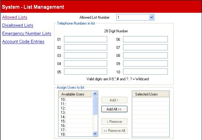 2.3.1 Allowed Lists This menu is accessed from the System 20 page by selecting Create Calling Lists Allowed Lists.