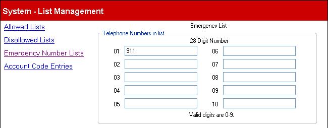 2.3.3 Emergency Number List This menu is accessed from the System 20 page by selecting Create Calling Lists Emergency Number Lists.