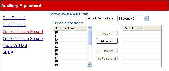 2.8.4 Contact Closure Group This menu is accessed from the System 20 page by selecting Setup Auxiliary Equipments. This menu is accessed from the Admin Tasks 21 list by selecting Auxiliary Equipment.