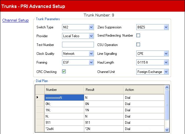 Configuration Settings: Trunks 2.9.2.1 PRI Advanced This menu is accessed from the System 20 page by selecting Update Trunk Configurations.