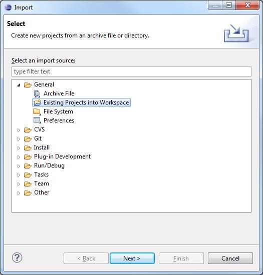 Figure 5.5-3: Importing a model (1) Select General> Existing Projects into Workspace.