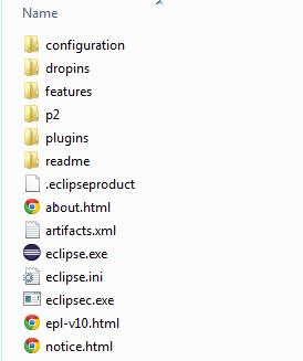 2-2: Content of the Eclipse folder after extracting the zip-file To launch Eclipse, double-click on the Eclipse.exe file.