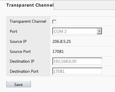 Transparent Channel Set the transparent channel to transfer video and audio signals through a serial port. 1. Click Service > Transparent Channel. 2. Set the parameters.