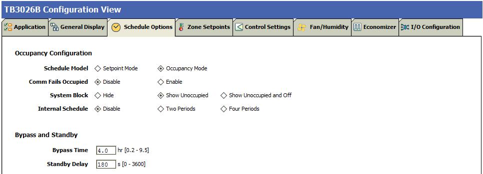 SCHEDULE OPTIONS Schedule tab displays Schedule options. The following parameters are used to configure the schedule options (i.e. Occupancy Configuration and Bypass and Standby).