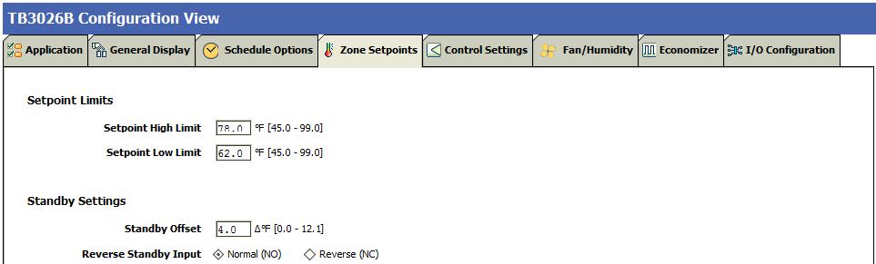 Display Options Unoccupied Setpoints: It allows a user to either Hide or Show the unoccupied setpoint.