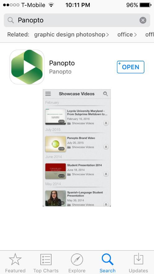 Enter Panopto into the search box and tap Search. 2.