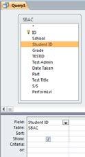 To begin modifying this query, double click on the Student ID field inside of the SBAC table.