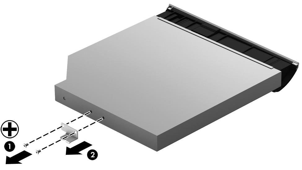 9. Remove the two Phillips PM2.0 3.5 screws (1) that secure the optical drive bracket to the optical drive. 10.