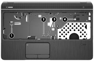 the system board: (1) Power button board cable (2) TouchPad button board cable (3)