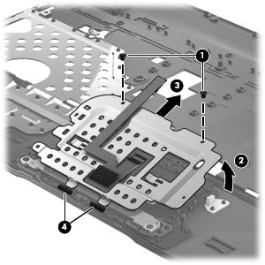 6. Slide the TouchPad button board bracket (3) up and away from the top cover until the tabs (4) on