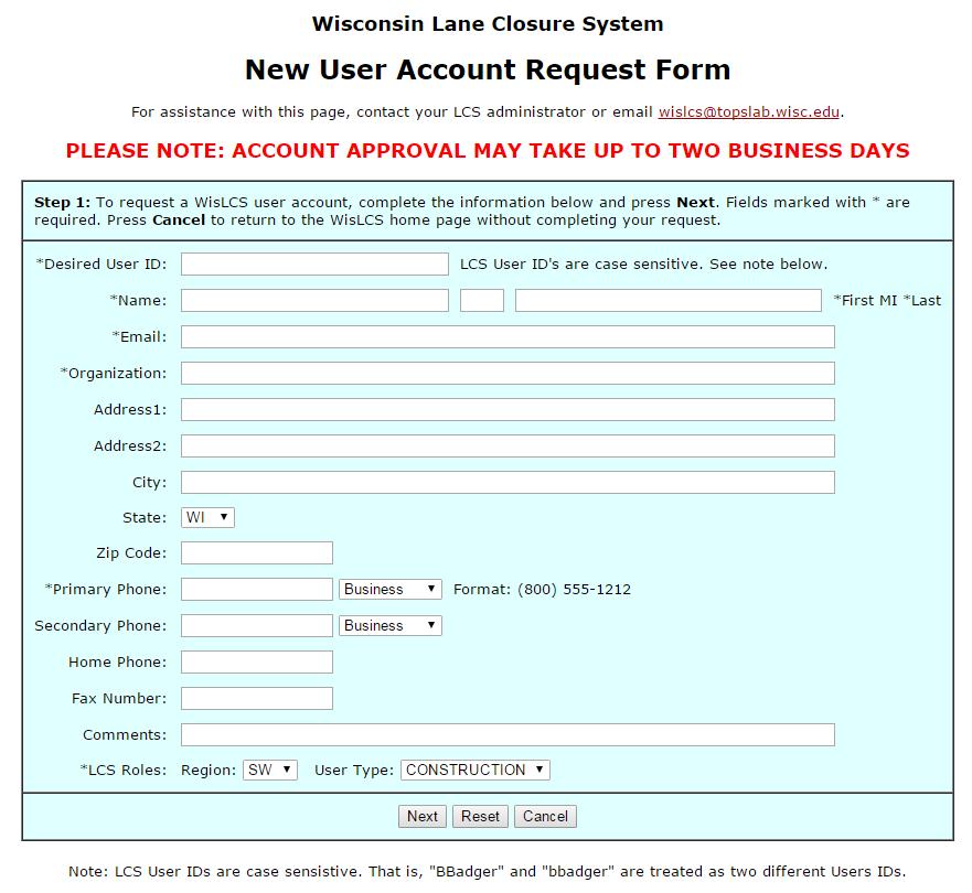 Getting Started Opening the New User Account Request Form link brings up the following page.