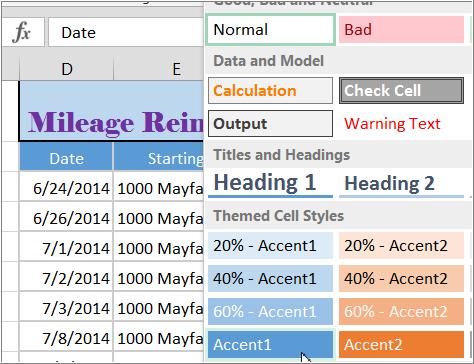 Cell styles Rather than formatting cells manually, you can use Excel's predesigned cell styles.