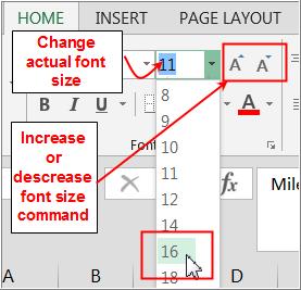 Select the same merged title cell you selected above. 2. Click the drop-down arrow next to the Font Size command on the Home tab. The Font Size drop-down menu will appear. 3.
